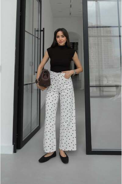 Havoş Εκρού καφέ πουά τζιν με φαρδιά μπατζάκια