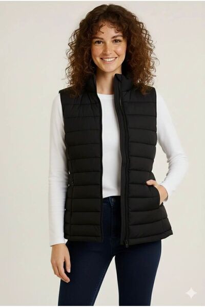 Vibeys Moda Γυναικείο φουσκωτό γιλέκο με φερμουάρ και πλαϊνές τσέπες