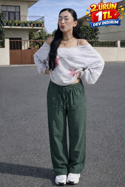 DAMGA JEANS Γυναικείο λινό παντελόνι με ελαστική μέση και φαρδιά μπατζάκια σε...