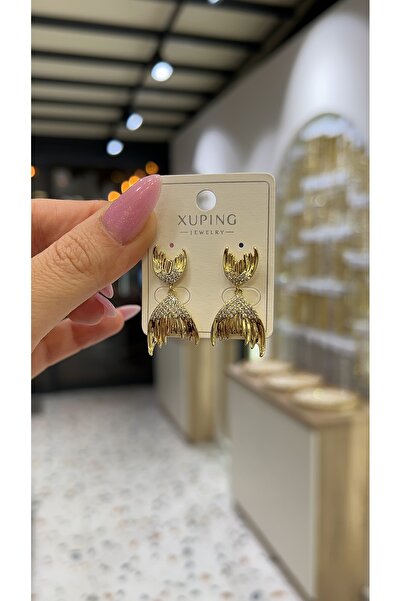 SU PERİSİ TAKI BİJUTERİ XUPİNG KARARMAZ 14K GOLD ZİRKON TAŞLI BALIK KUYRUĞU KÜPE
