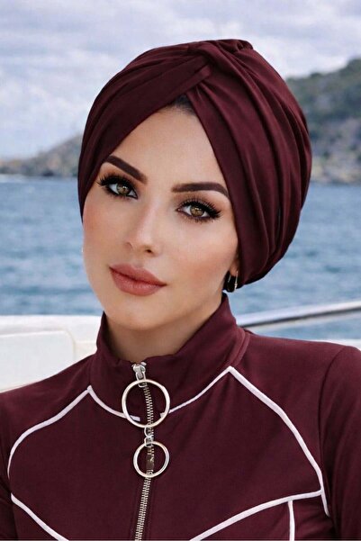 Aişe tesettür Μοντέλο Μπορντό Μπούργκου Έτοιμο Σετ Θαλάσσης - Καπέλο Πισίνας