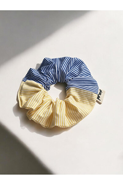 Pirene Malia Çizgili Poplin Scrunchie Saç Tokası Sarı Mavi