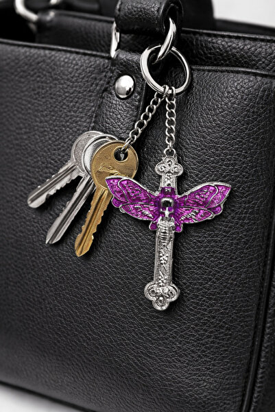 HER ŞEY NOTA www.herseynota.com Gothic Skull Purple Wing Detailed Cross Keych...