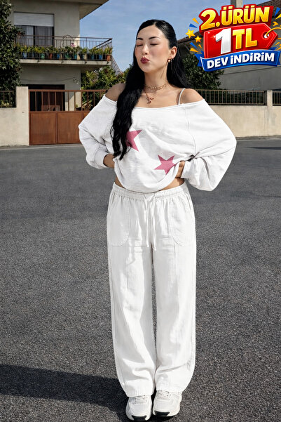 DAMGA JEANS Γυναικείο λινό παντελόνι σε λευκό χρώμα με ελαστική μέση και φαρδ...