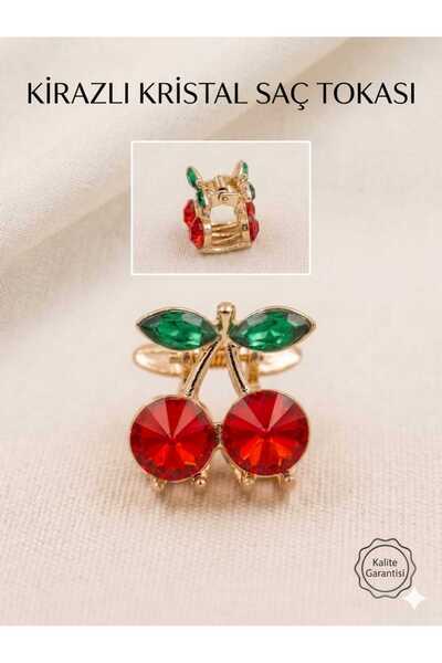 Nati Co Kirazlı Kristal Taşlı Metal Mandal Toka - 2 cm Küçük Boy Saç Tokası
