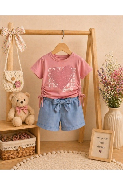 Superbaby MINAMINOKIDS σετ για κορίτσια με τζιν σορτς - Καρδιά