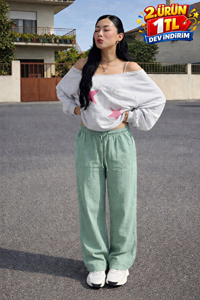 DAMGA JEANS Γυναικείο λινό παντελόνι με ελαστική μέση και φαρδιά μπατζάκια, σ...