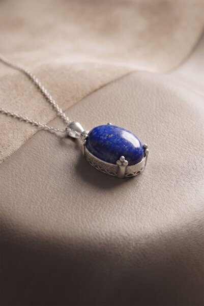 Takıdepo Minimalist Oval Tasarım Lapis Lazuli Taşlı Kadın Gümüş Kolye-Gümüş R...