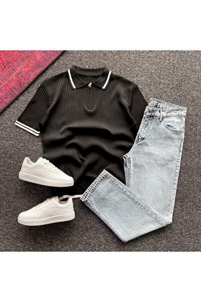 THANBUTİK Knitwear Half-Zip T-Shirt and Baggy Pants Set