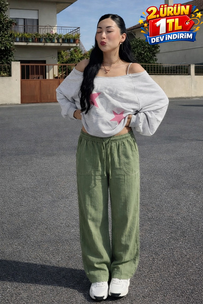 DAMGA JEANS Γυναικείο παντελόνι από πράσινο λινό με ελαστική μέση και φαρδιά ...