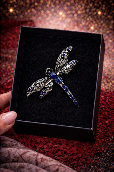 PULİNİN DÜKKANI Taşlı Yusufçuk (Dragonfly) Broş – Mavi Taş Detaylı Vintage Şı...