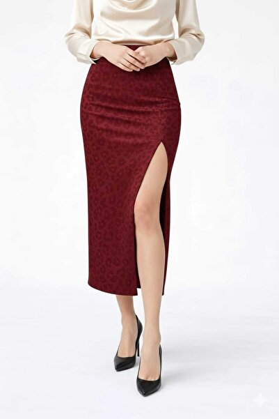 Butik Leopard Patterned Slit Skirt with Elastic Waist in Lycra High Waist Mid...