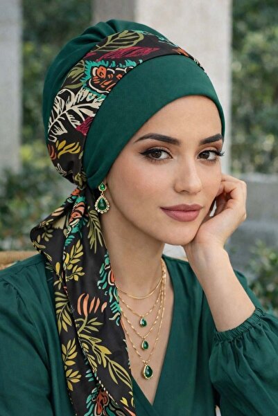 Aişe tesettür Σμαραγδί Χρωματιστό Μοτίβο Φουλάρι-Καπέλο