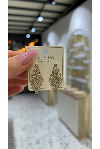 SU PERİSİ TAKI BİJUTERİ XUPİNG KARARMAZ 14K GOLD FULL TAŞLI BAKLAVA DİLİM KÜPE