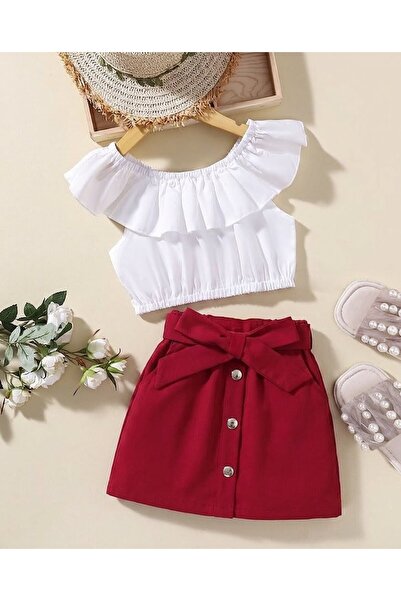 shop Kız Çocuk Fırfırlı Crop Bluz ve Fiyonklu Etek Takımı
