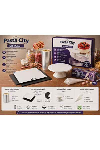 pastacity Profesyonel Pasta Yapım Seti | Asetat Çember + Pasta Altlığı + Döne...