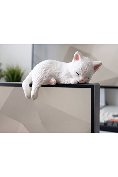 Atsutech Monitör Üstü Uyuyan Kedi Biblo - Estetik Beyaz Kedi Figürü Dekoratif...