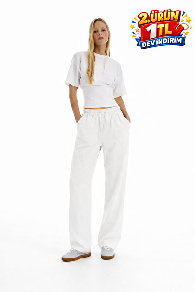 DAMGA JEANS Γυναικείο casual καλοκαιρινό παντελόνι από λευκό λινό σε χαλαρή γ...