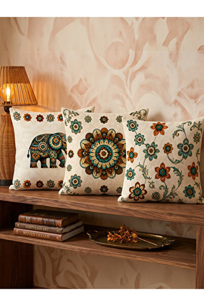 Viadela Elephant Patterned Bohemian Throw Pillow & Runner Set – 3-Piece Throw...