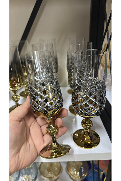 İmren Collection Gold titanyum ananas model 6’lı kahve yanı meşrubat bardak set