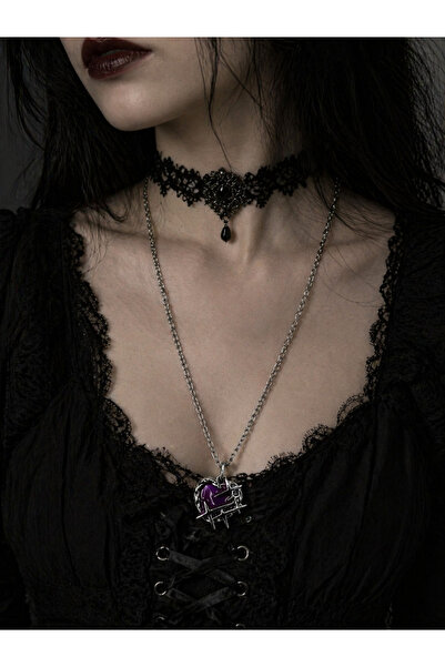 HER ŞEY NOTA www.herseynota.com Mor Kalp Diken Detaylı Gotik Kolye Unisex Met...