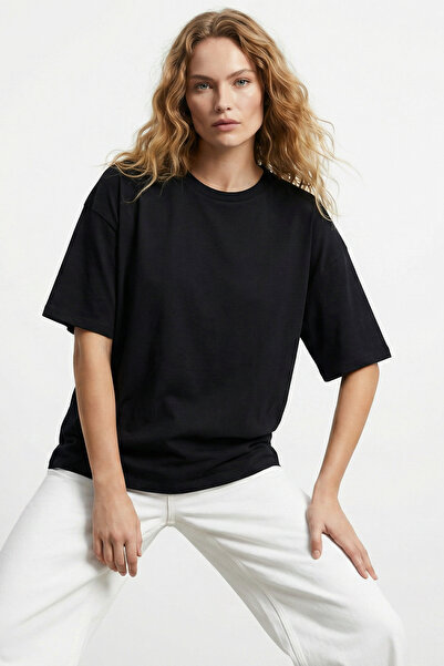 MAXIMILLIAN Γυναικείο μαύρο μπλουζάκι oversize βασικής γραμμής, 100% βαμβακερ...