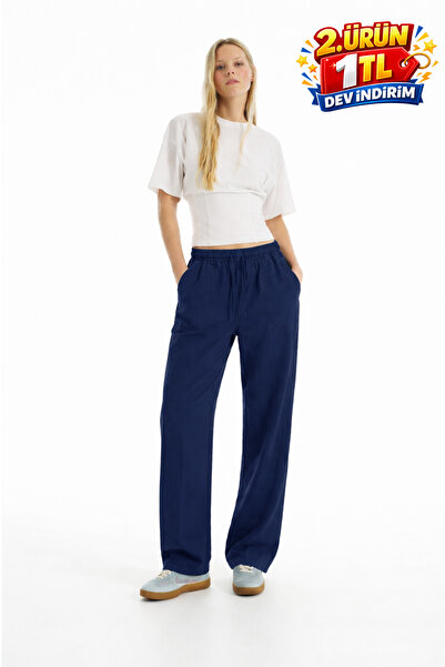 DAMGA JEANS Γυναικείο casual καλοκαιρινό παντελόνι από λινό σε μπλε ναυτικό χ...