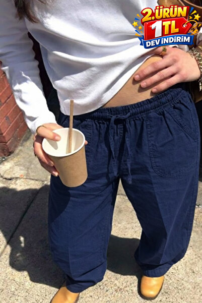 DAMGA JEANS Γυναικείο καλοκαιρινό φαρδύ λινό παντελόνι σε μπλε ναυτικό χρώμα ...