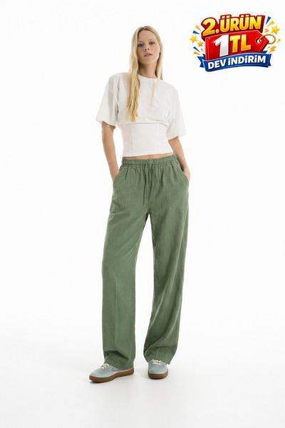 DAMGA JEANS Γυναικεία casual καλοκαιρινά παντελόνια από πράσινο λινό