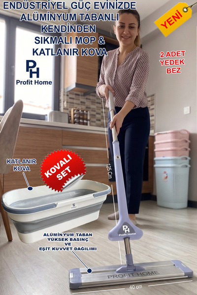Profit Home Kovalı Alüminyum Tabanlı Kendinden Sıkmalı Mop Seti - YEDEK BEZ H...