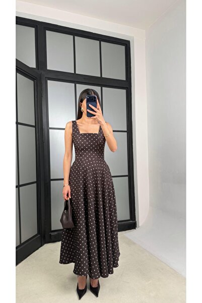 GAUS CO Bitter Brown Belted Polka Dot Patterned Dress Gaus-01372