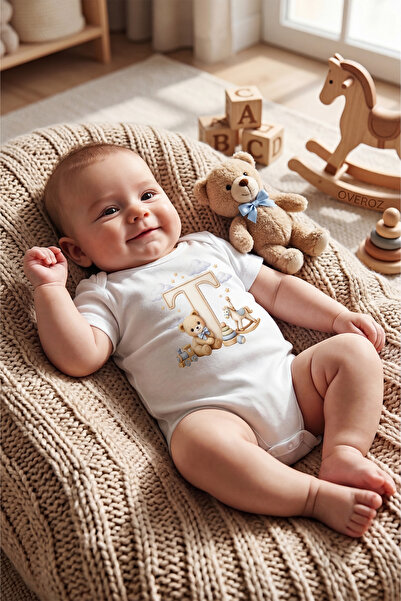 Overoz T Harfi Baskılı Bebek Body İsimli Bebek Zıbın Harfli Hediyelik Bebek Body