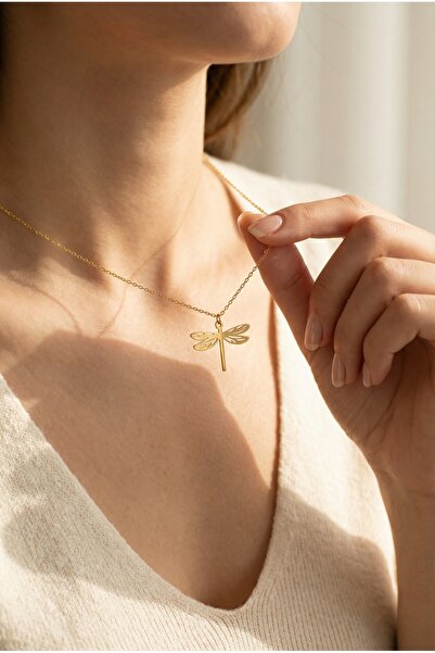 925 Ayar Yusufçuk Kolye Dragonfly Tasarım Kolye 14 Ayar Altın Kaplama Doğa Temalı Modern Kolye Model