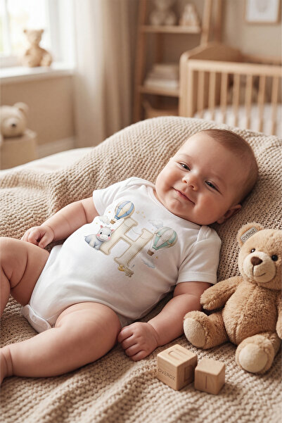 Overoz H Harfi Baskılı Bebek Body İsimli Bebek Zıbın Harfli Hediyelik Bebek Body