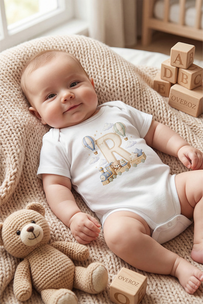 Overoz R Harfi Baskılı Bebek Body İsimli Bebek Zıbın Harfli Hediyelik Bebek Body