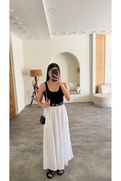 GAUS CO Beyaz Beli Lastikli Tencel Etek GAUS-01321