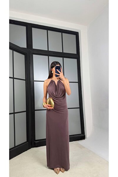 GAUS CO Kahve Kolye Detaylı Premium Modal Kumaş Elbise GAUS-01367