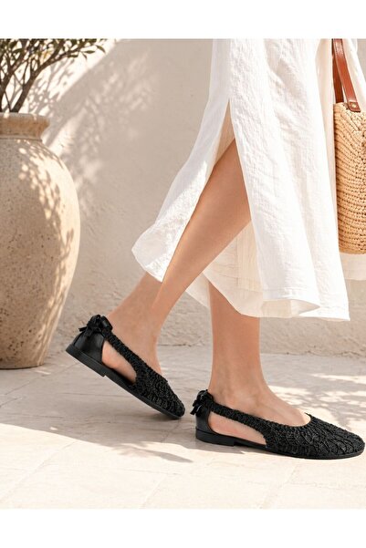 FİORE WOMEN Black Knitted Lace Textured Summer Women's Ballerina Shoes with Bow
