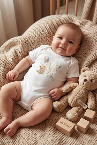 Overoz M Harfi Baskılı Bebek Body İsimli Bebek Zıbın Harfli Hediyelik Bebek Body