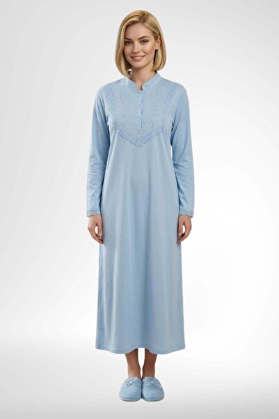 Mecit Pijama Mecit 6376 Mavi Kadın %100 Pamuk Uzun Kollu Gecelik
