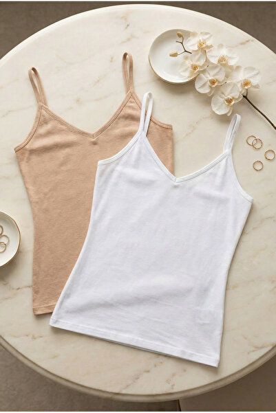 fevien Set of 2 Women's Cotton Modal Blend V-Neck Thin Strap Basic Undershirt...
