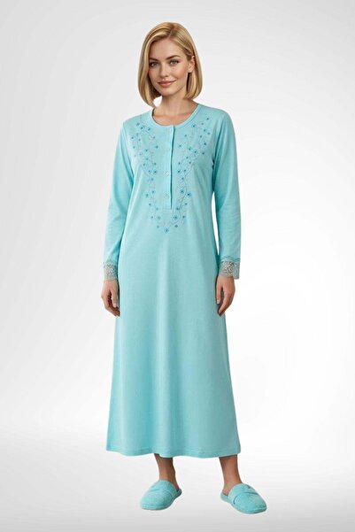 Mecit Pijama Mecit 6375 Turkuaz Kadın %100 Pamuk Uzun Kollu Gecelik