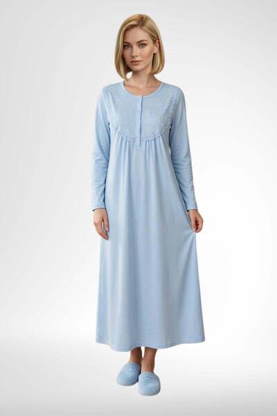 Mecit Pijama Mecit 6374 Mavi Kadın %100 Pamuk Uzun Kollu Gecelik