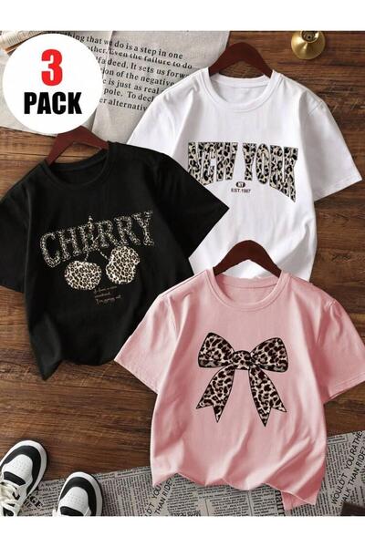 No Plan تي شيرت بناتي مكون من 3 قطع مطبوع عليه NEWYORK-CHERY-LEOPARD