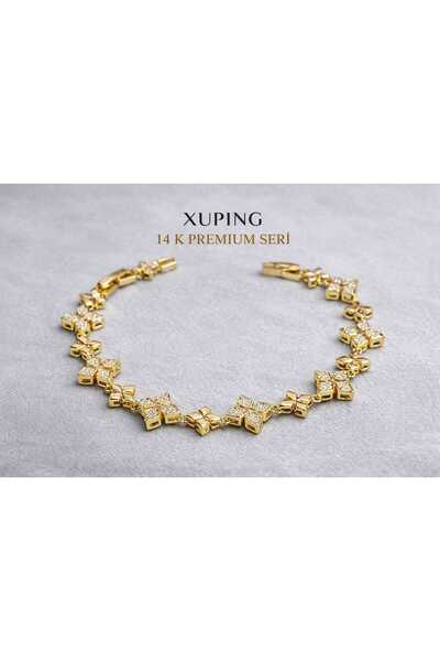 AG LUNERA Xuping Premium 14K Altın Kaplama Zirkon Taşlı Yonca Figürlü Bileklik