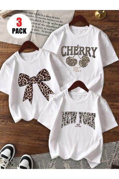 No Plan Girls' New York-Cherry-Leopard Printed 3-Piece T-Shirt