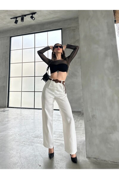 LORE MİEL Beli Kemerli Keten Pantolon Beyaz