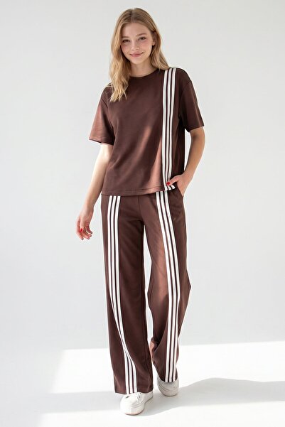 bacc Πικροκαφέ ριγέ υφασμάτινο σετ μπλούζας και παντελονιού από ύφασμα Modal