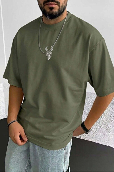 Erkek Haki Geyik Baskılı Oversize Fit Bol Geniş Kalıp Salaş Kesim Tişört