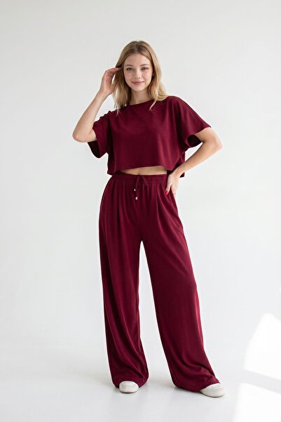 bacc Βουργουνδί χρώματος, φαρδιά μπατζάκια, άνετη εφαρμογή, ύφασμα Modal, σετ...